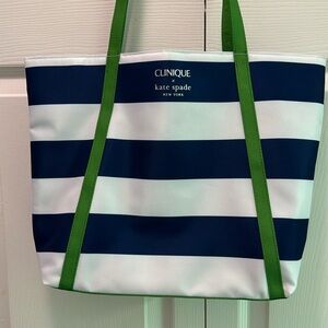 Clinique x Kate Spade Nautical Summery Tote Bag Lined Navy White Stripe